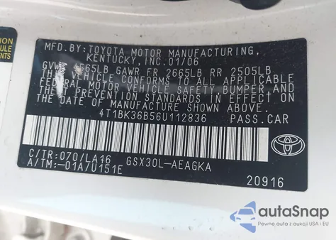 2006 Toyota Avalon Xls z USA, uszkodzony, nr VIN 4T1BK36B56U112836